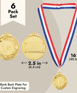 6 Pack 1st Place Gold Medals with 16 Inch Neck Ribbon for Awards, Sports Tournaments
