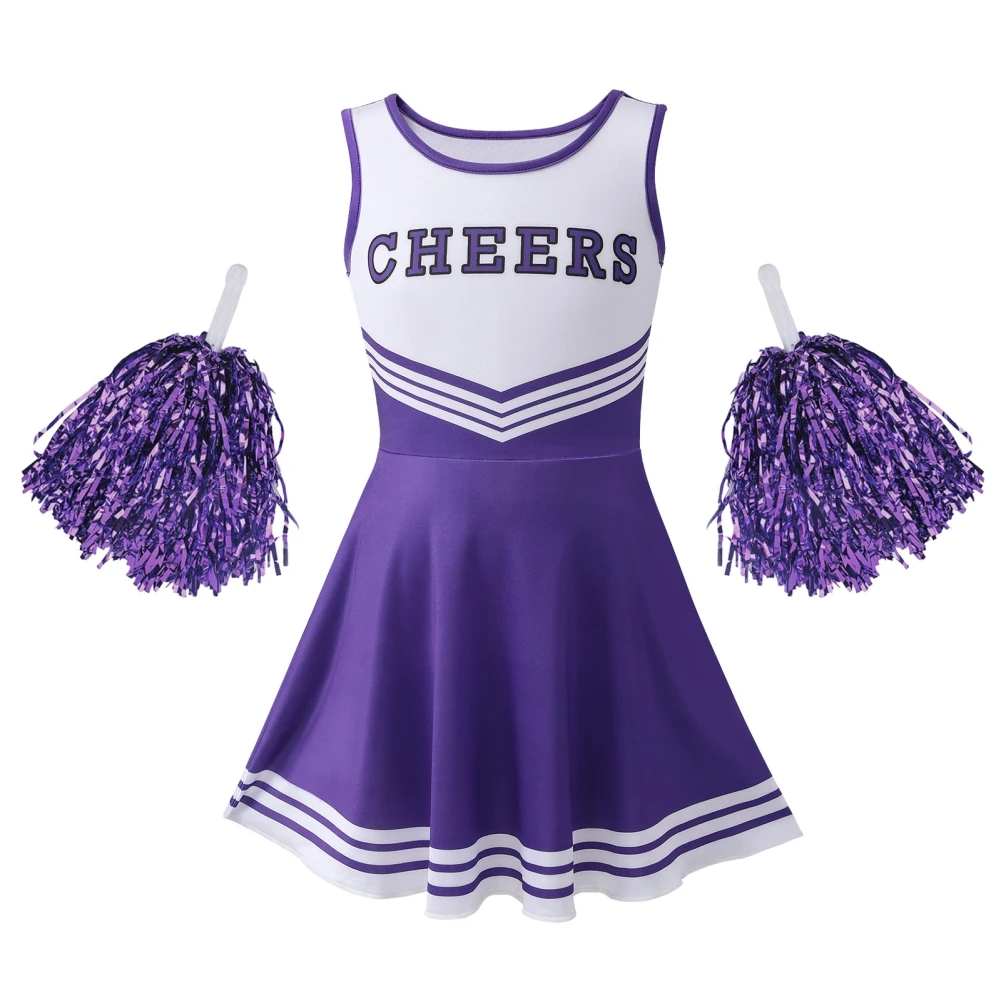 Girls Cheerleader Costume Dress with Pompoms for Stage Performance Girls Cheerleader Costume Dress Pompoms Outfit Purim Schoolgirl Cheer Stage Performance Cheerleading Uniform