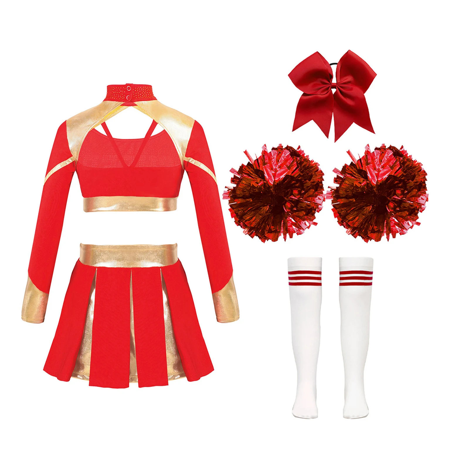 Girls Cheerleader Costume Set w/ Crop Top, Skirt, Stockings & Flowers - Kids Cheerlead Suit Kids Girls Cheerleader Costume Sets Cheerleading Outfit Crop Top Pleated Skirt Striped Stockings Flower Balls Cheerlead Suits