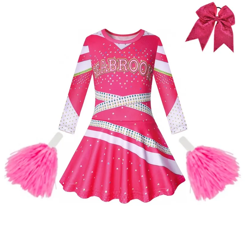 Girls Cheerleader Costume Pink Dress School Uniform Stage Performance Full Set Children Dresses Halloween New Year Party