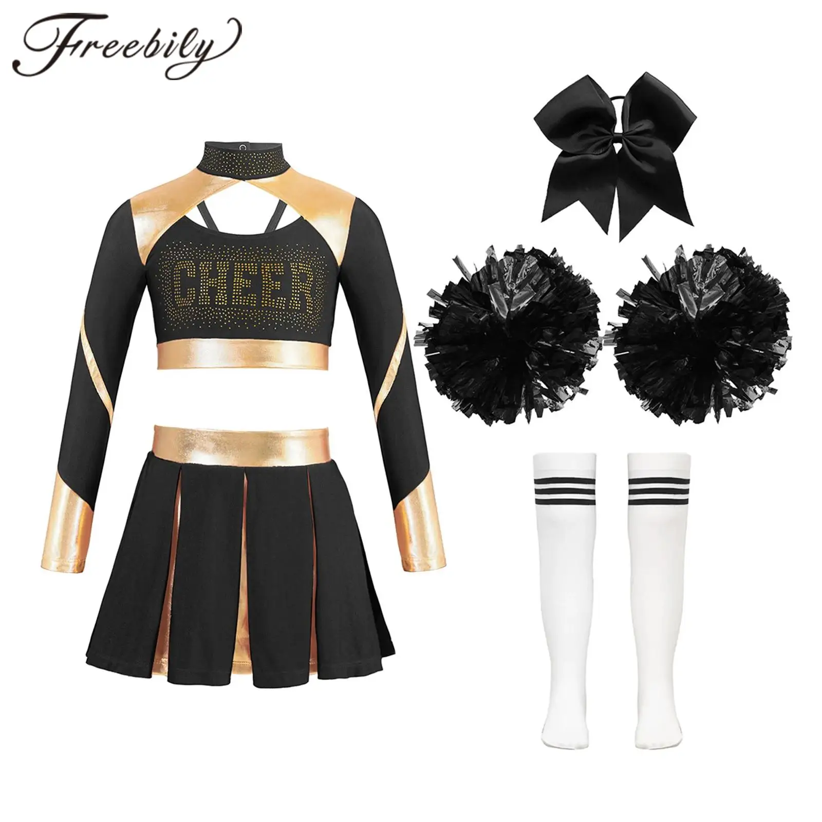 Girls Cheerleader Costume Set w/ Crop Top, Skirt, Stockings & Flowers - Kids Cheerlead Suit Kids Girls Cheerleader Costume Sets Cheerleading Outfit Crop Top Pleated Skirt Striped Stockings Flower Balls Cheerlead Suits