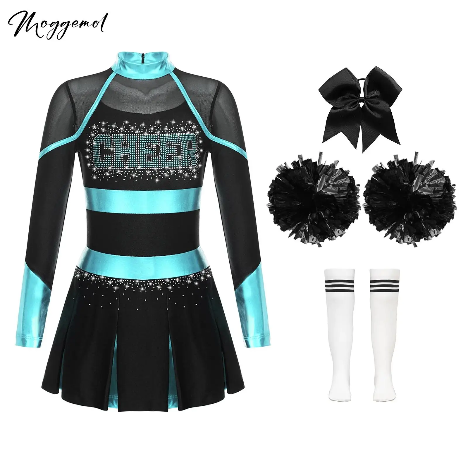 Girls Cheerleader Costume Set with Sheer Mesh Patchwork Dress + Accessories Kids Girls Cheer Leader Costume Halloween Cheerleading Long Sleeve Sheer Mesh Patchwork Dress+Hand Flowers+Stocking+Hair Tie