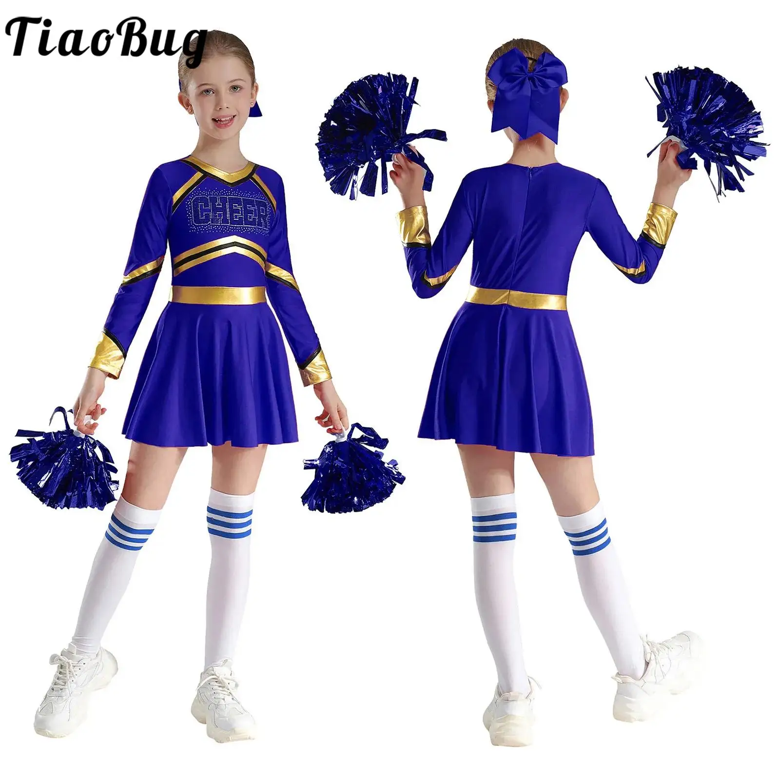 Cheer Leader Costume for Girls Glittery Long Sleeve Cosplay Cheerleading Dance Dress Outfits Halloween Party Uniform Dress Up