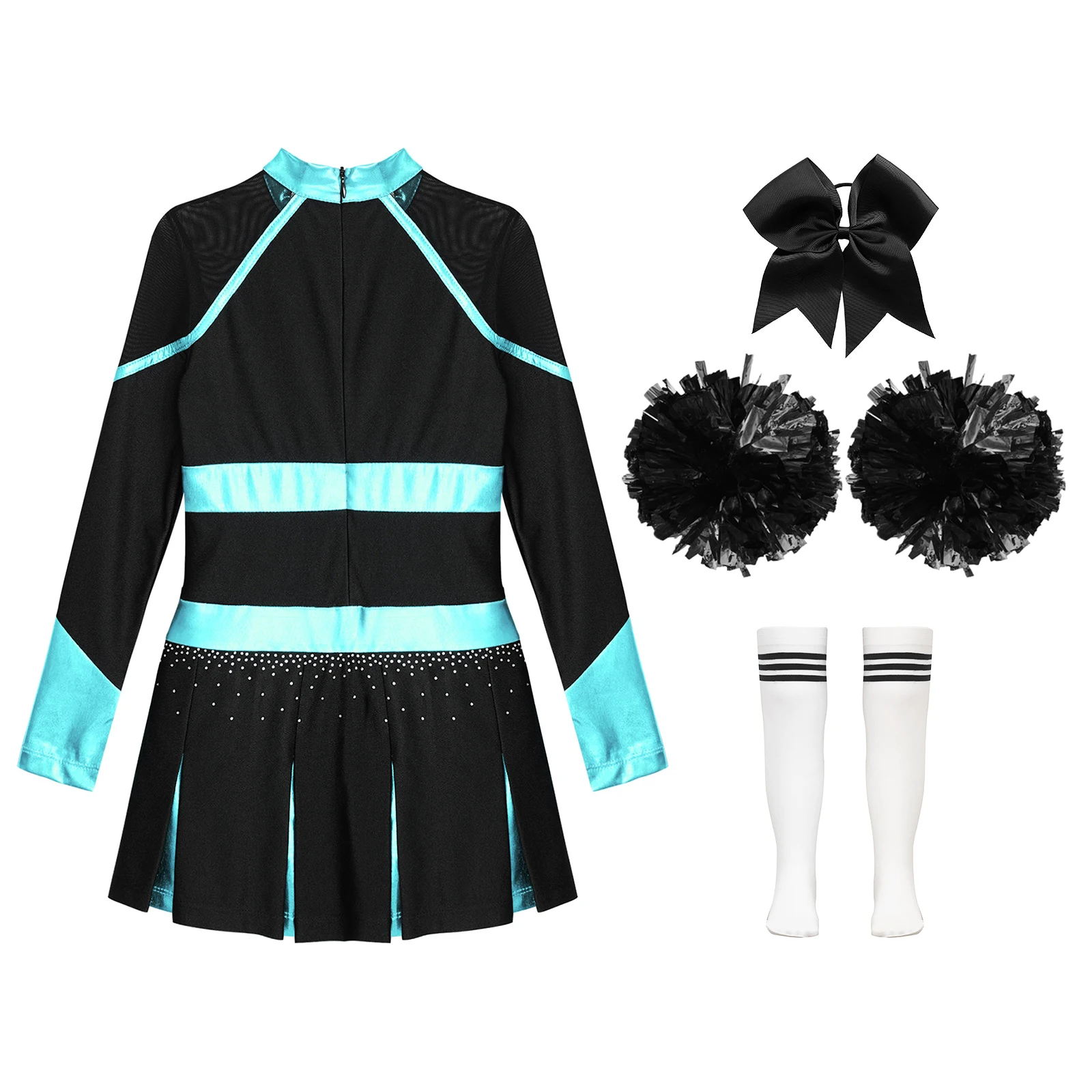 Girls Cheerleader Costume Set with Sheer Mesh Patchwork Dress + Accessories Kids Girls Cheer Leader Costume Halloween Cheerleading Long Sleeve Sheer Mesh Patchwork Dress+Hand Flowers+Stocking+Hair Tie