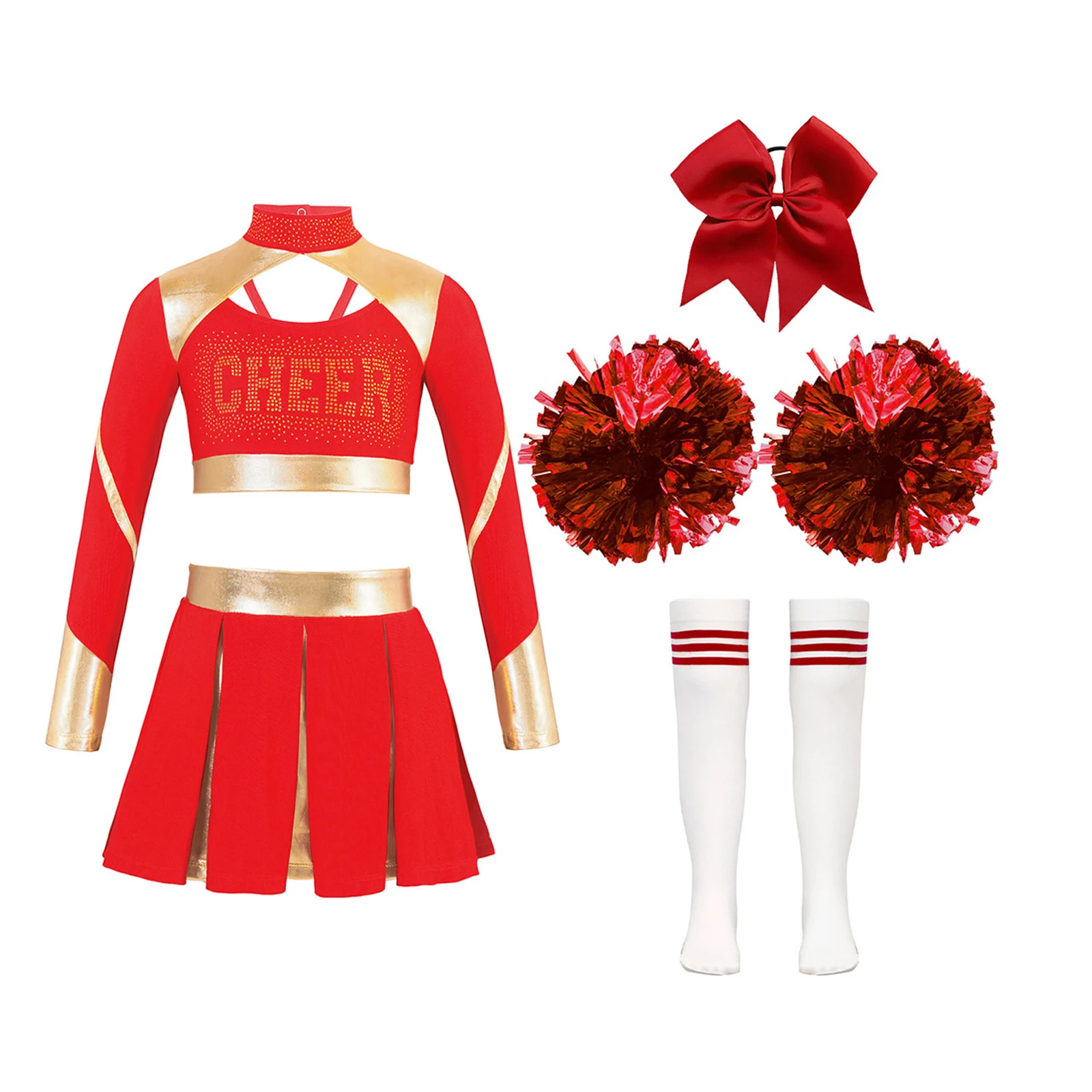 Kids Girls Cheerleader Costume Sets Cheerleading Outfit Crop Top Pleated Skirt Striped Stockings Flower Balls Cheerlead Suits