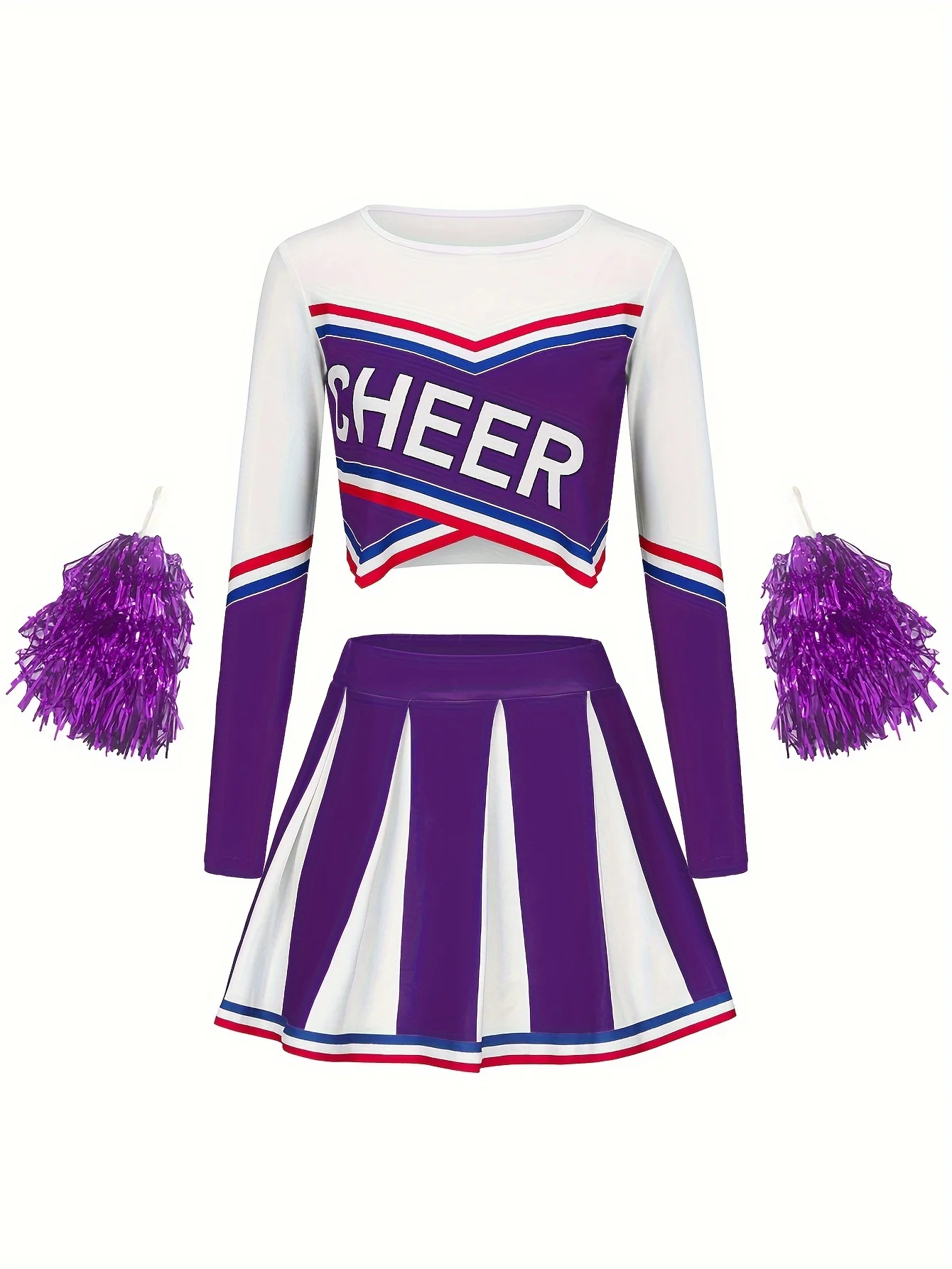 Long sleeved Cheerleader Short Skirt Set Girls Kids Holiday Party Cute Homecoming Season Sports Performance Costume Send Pom Pom