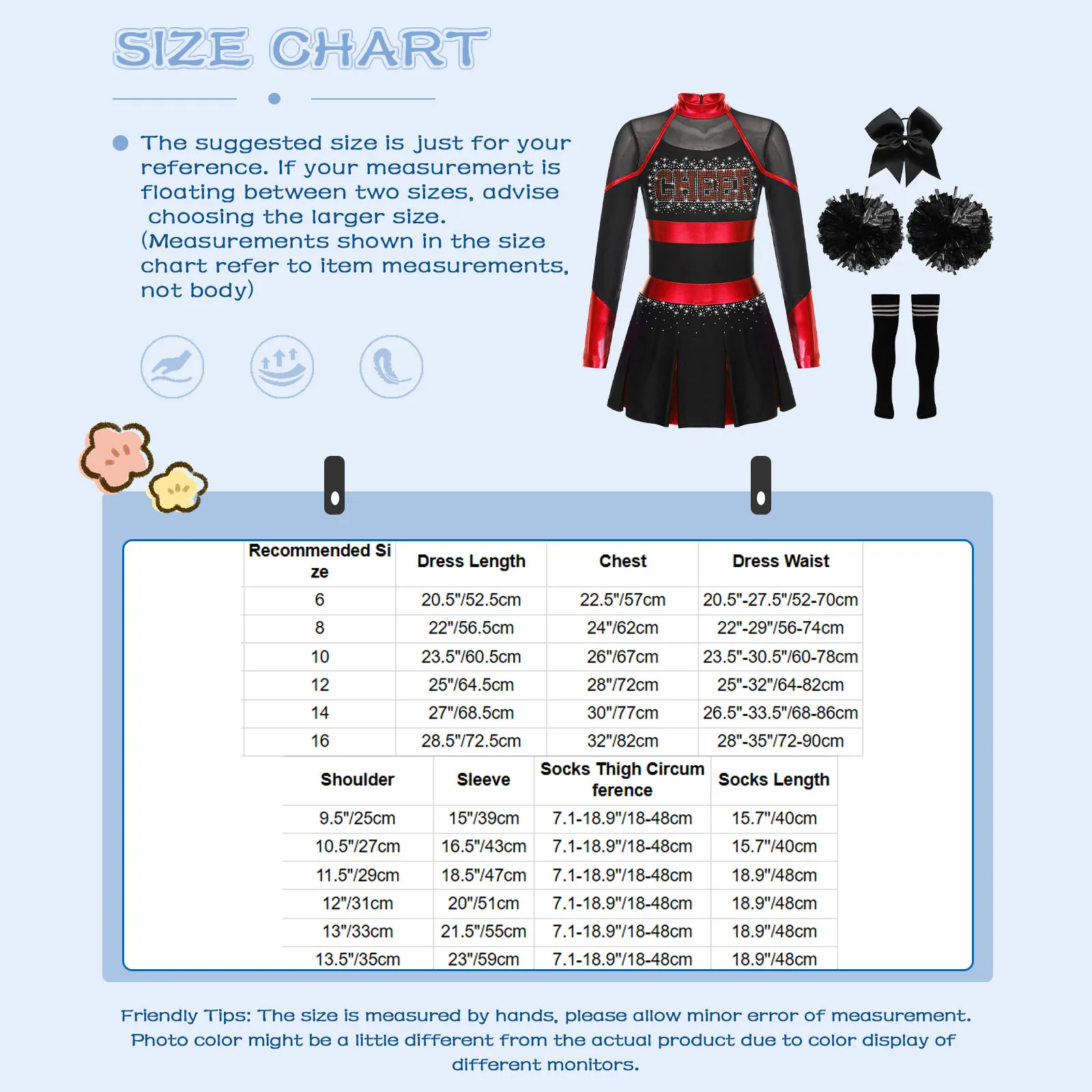 Girls Cheerleader Costume Set with Sheer Mesh Patchwork Dress + Accessories Kids Girls Cheer Leader Costume Halloween Cheerleading Long Sleeve Sheer Mesh Patchwork Dress+Hand Flowers+Stocking+Hair Tie