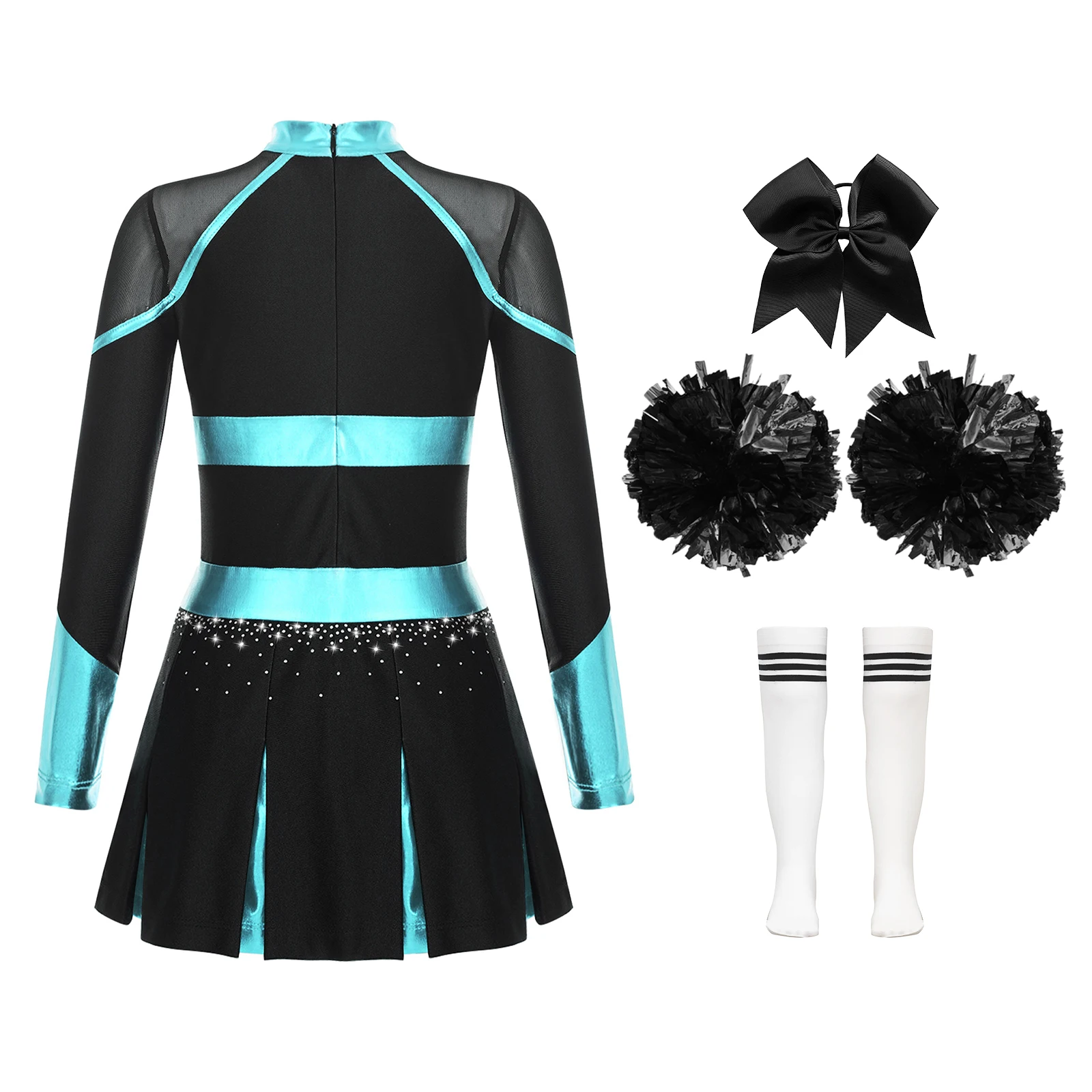 Girls Cheerleader Costume Set with Sheer Mesh Patchwork Dress + Accessories Kids Girls Cheer Leader Costume Halloween Cheerleading Long Sleeve Sheer Mesh Patchwork Dress+Hand Flowers+Stocking+Hair Tie