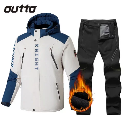 Outdoor Skiing Suit Men Windproof Waterproof Wear-resisting Warm Fleece Jackets Soft Shell Pants Hooded Ski Set Large Size 9XL