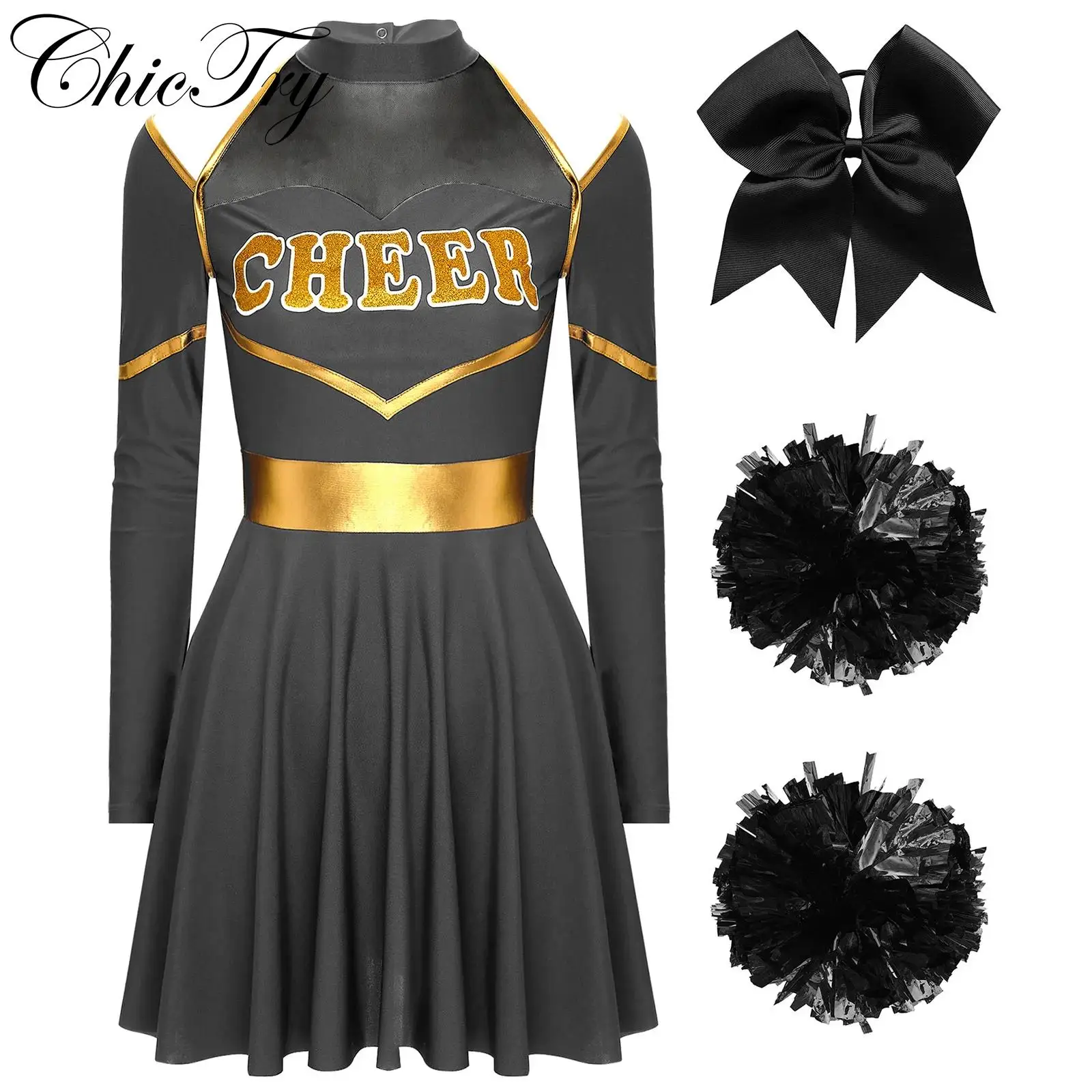 Women's Cheerleader Cosplay Costume with Pom Poms and Hair Tie Womens Adult Cheerleader Cosplay Costume Halloween Cheerleading Uniform Long Sleeve Cheer Up Dance Dress with Pom Poms Hair Tie