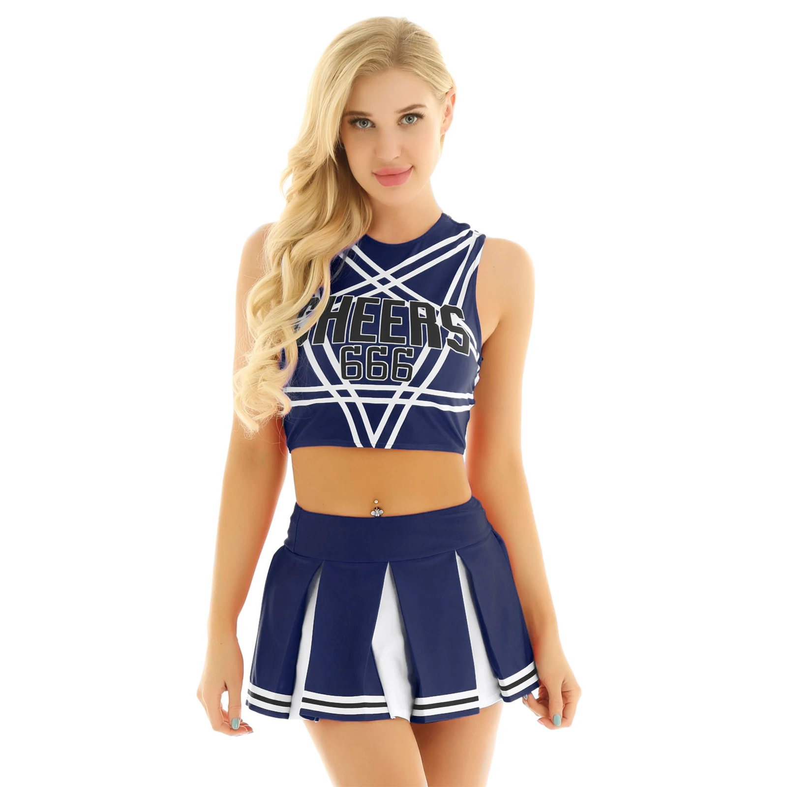 2Pcs Womens Adult Charming Cheerleading Carnival Cosplay Costume Set Sleeveless Pentagram Back Crop Top with Mini Pleated Skirt