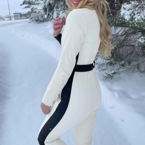 Patchwork Waterproof Ski Suit Women One-piece Full Zipper Slim Snowboard Overalls With Belt Winter Outdoor Sports Skiing Clothes