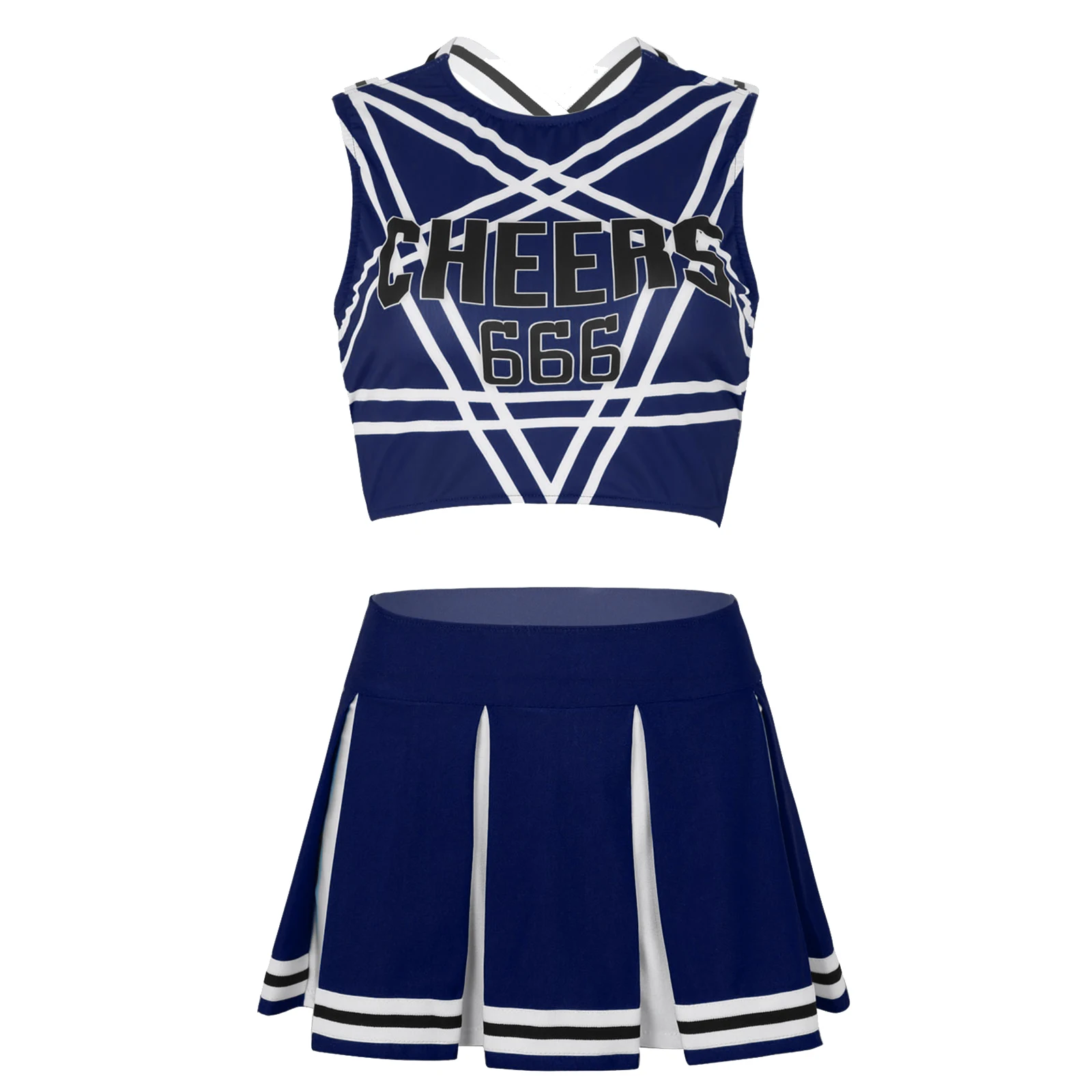 Women's Cheerleading Carnaval Cosplay Costume Set: Crop Top & Pleated Skirt 2Pcs Womens Adult Charming Cheerleading Carnival Cosplay Costume Set Sleeveless Pentagram Back Crop Top with Mini Pleated Skirt