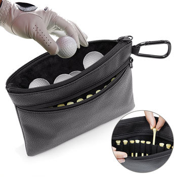 Multifunctional Lightweight Waterproof Golf Accessories Storage Pouch Tee Holder Black PU Leather Golf Club Ball Cleaning Bag
