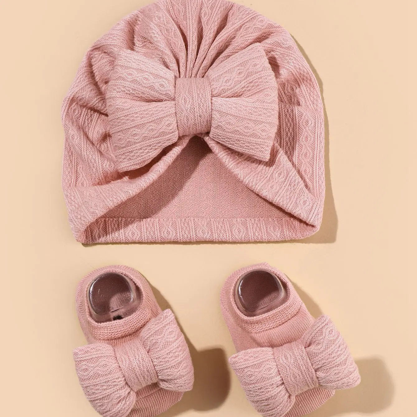 2Pcs Newborn Baby Bow Hat Socks Set Solid Color Cotton Infant Girls Turban Cap Anti-slip Socks