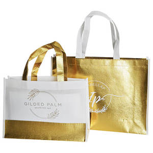 Custom Logo Printed Quilted Non-Woven Reusable Gift Tote Gold Metallic Laminated Non Woven Shopping