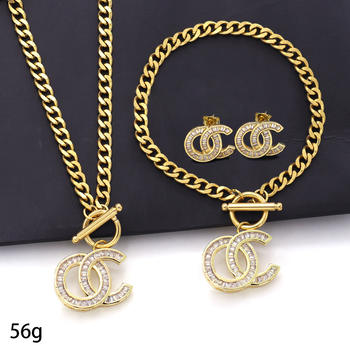 Statement Pendant Gold Plated Charm Stainless Steel Designer Diamond Inlaid Letter Necklace Earrings Jewelry Set For Women