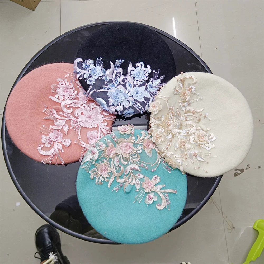 winter hat Beret red women wool three-dimensional flower lace applique beret retro elegant beret 베레모 winter hat Beret red women wool three-dimensional flower lace applique beret retro elegant beret 베레모