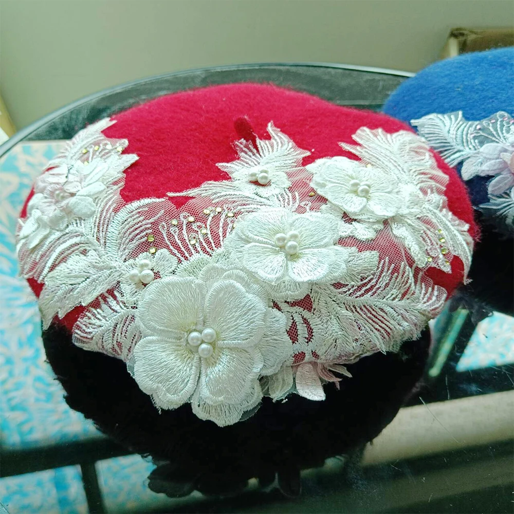 winter hat Beret red women wool three-dimensional flower lace applique beret retro elegant beret 베레모