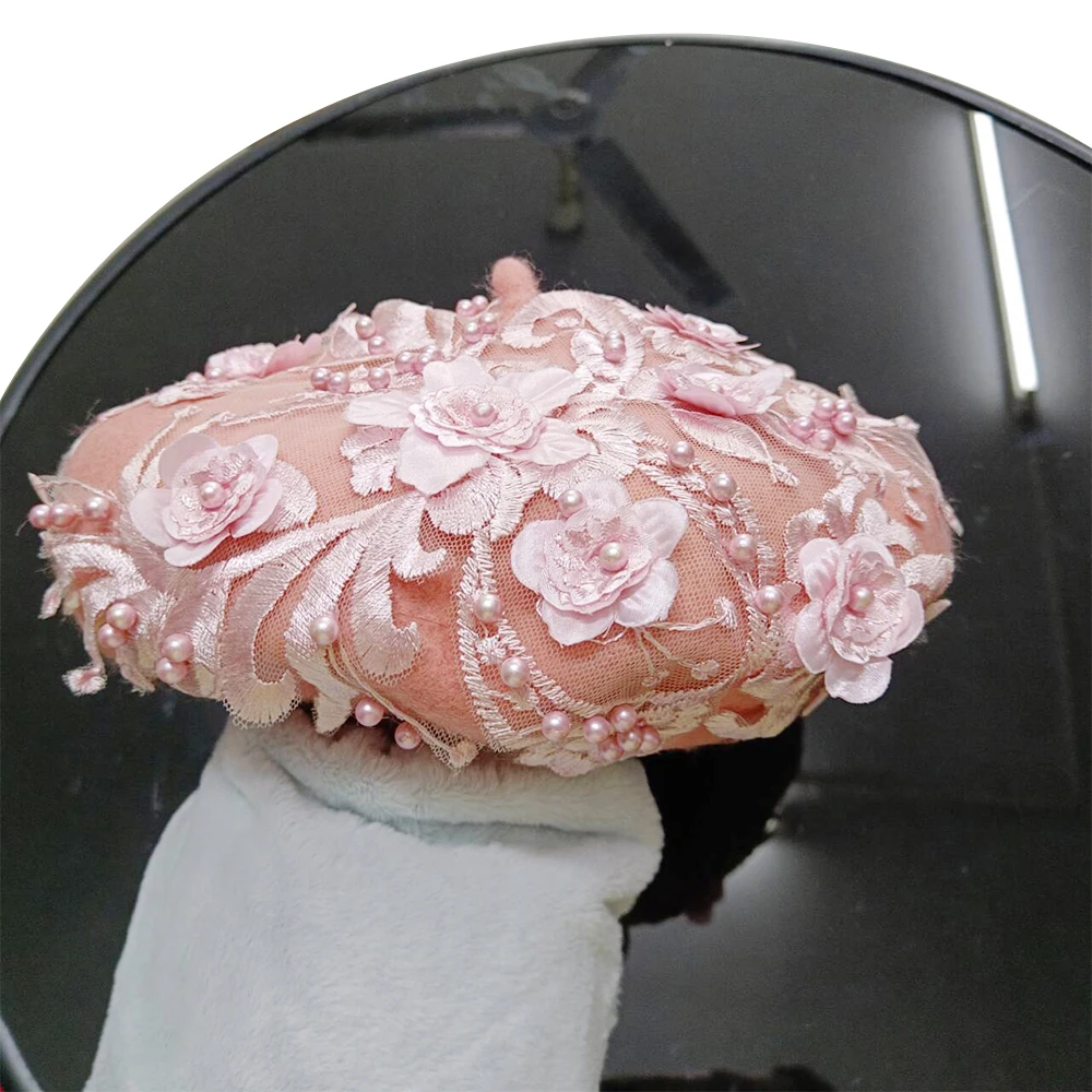 winter hat Beret red women wool three-dimensional flower lace applique beret retro elegant beret 베레모 winter hat Beret red women wool three-dimensional flower lace applique beret retro elegant beret 베레모