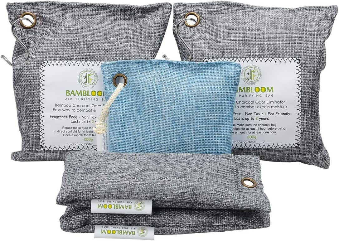 Bambloom Bamboo Charcoal Bags Odor Absorber,Air Purifying for Closet Fridge Car Home,200gX2,75gX1,50gX2