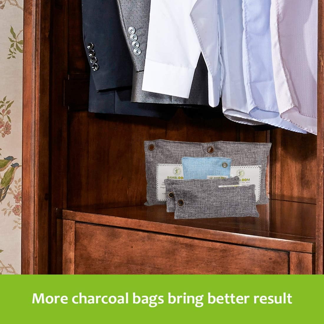 Bambloom Bamboo Charcoal Bags Odor Absorber,Air Purifying for Closet Fridge Car Home,200gX2,75gX1,50gX2