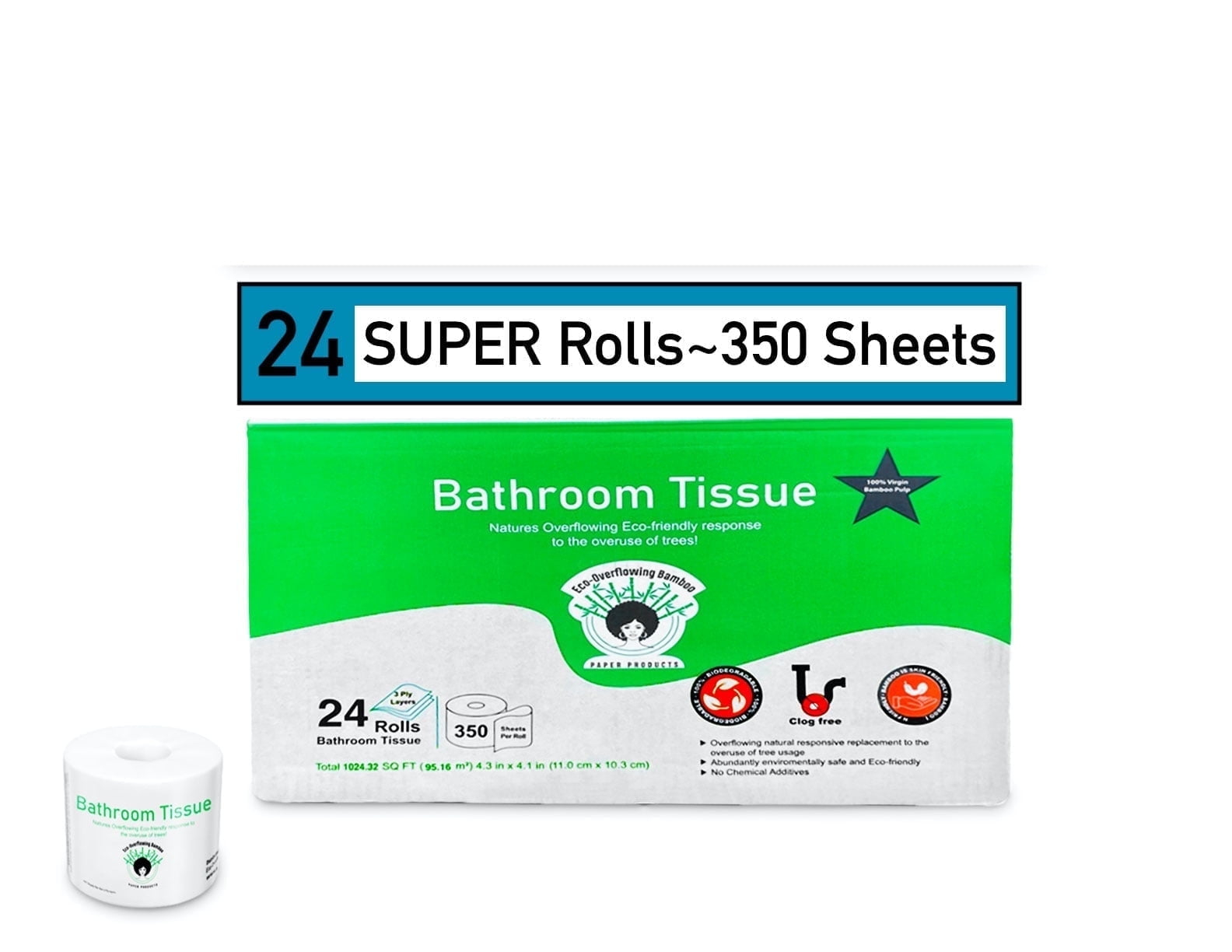 Eco-Overflowing Bamboo PP White Diamond Print Toilet Tissue -24 Count 3Ply Mega Roll TP