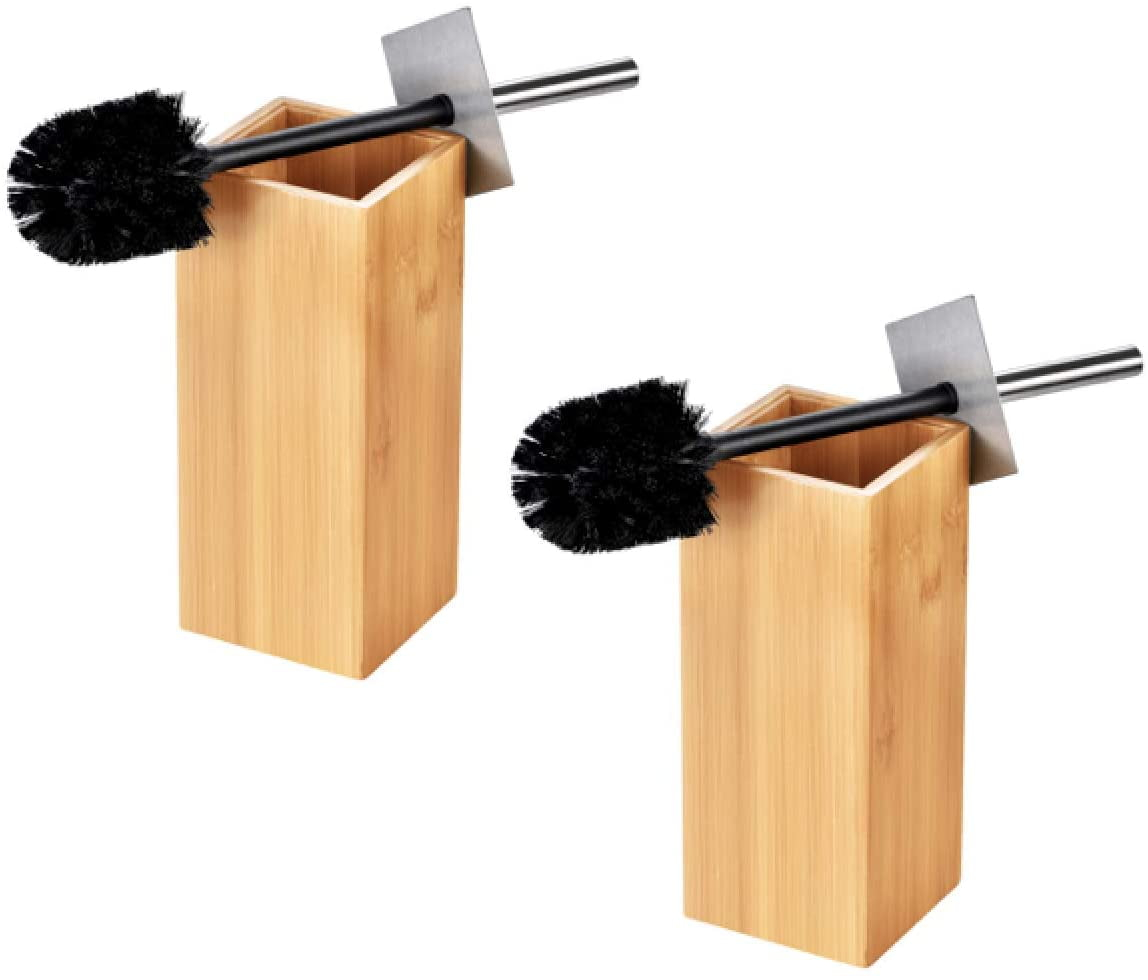 ToiletTree Products Toilet Brush with Stainless Steel Handle Bamboo Wooden Holder, 2 Pack