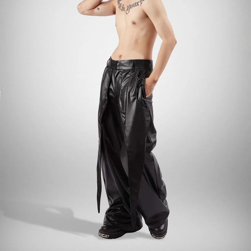 Men's High-Waisted Black PU Leather Wide-Leg Pants 5