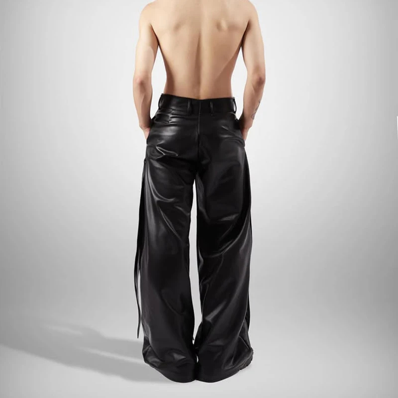 Men's High-Waisted Black PU Leather Wide-Leg Pants 4