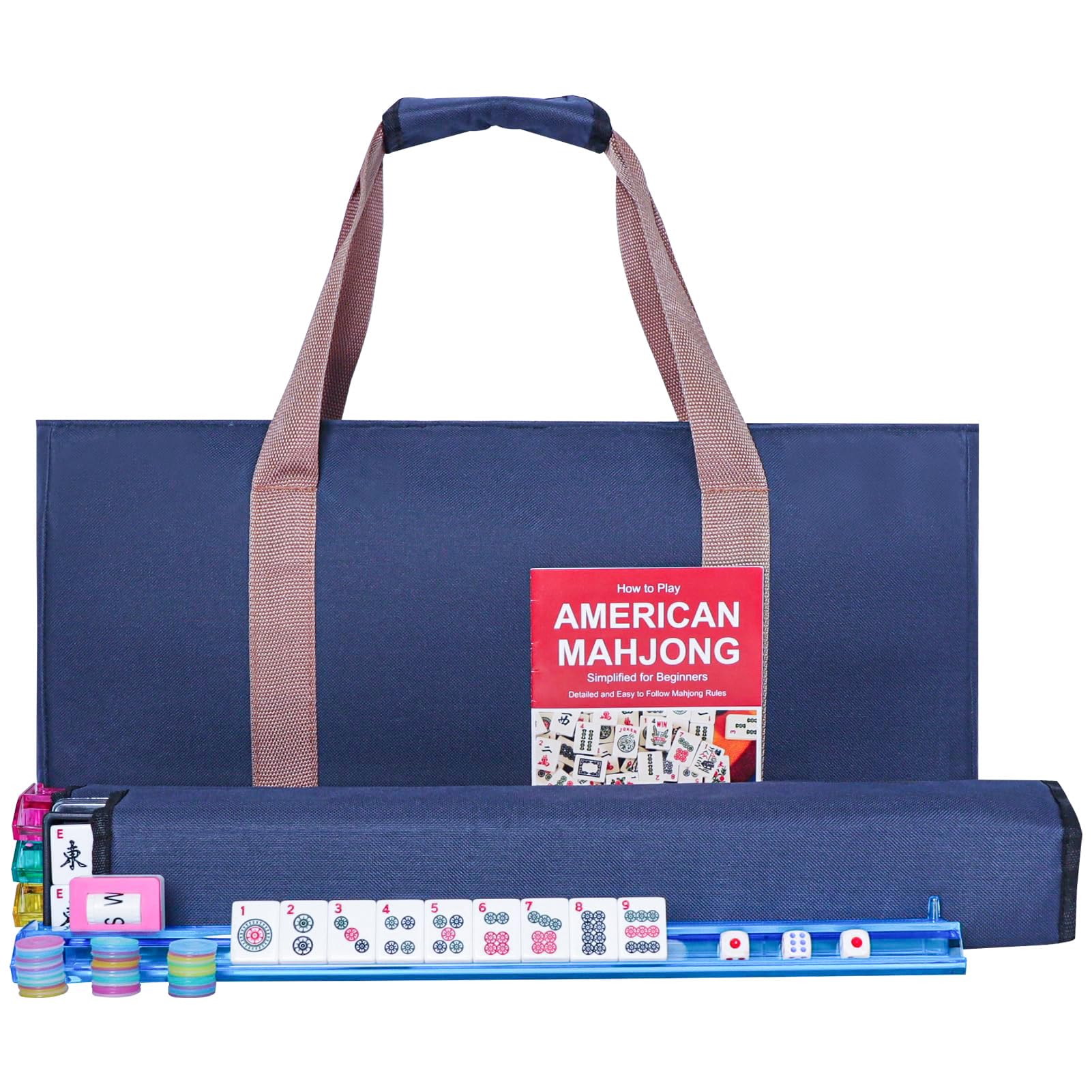 American Mahjong Set with 166 White Tiles, Blue Carrying Bag, Racks & Pushers | Full 4-Player Game Kit