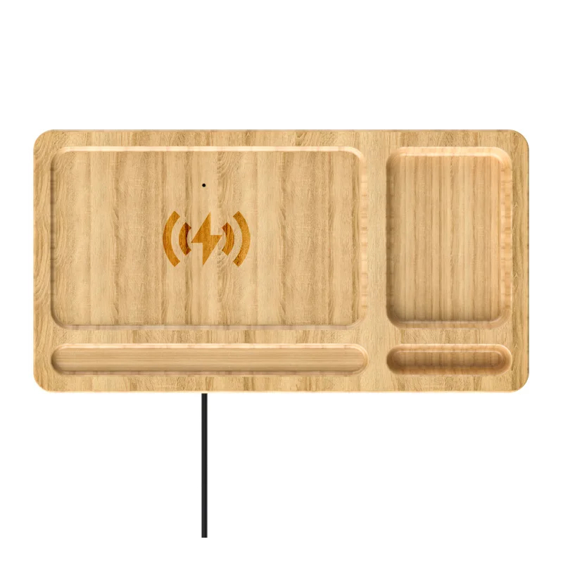 Executive Natural Wood Wireless Charging Valet Desk Organizer